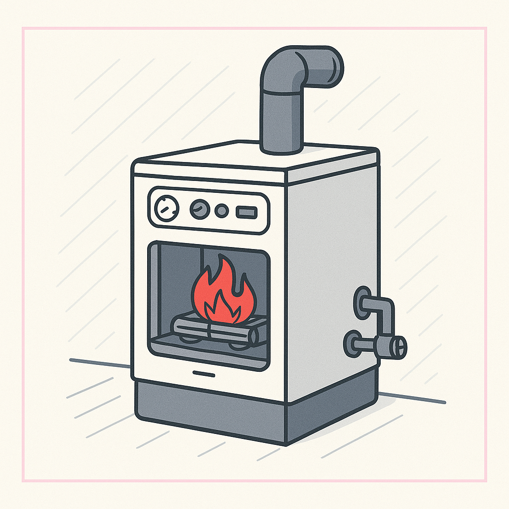 Illustration d’une chaudière avec flamme visible et conduit d’évacuation, dans un style dessiné
