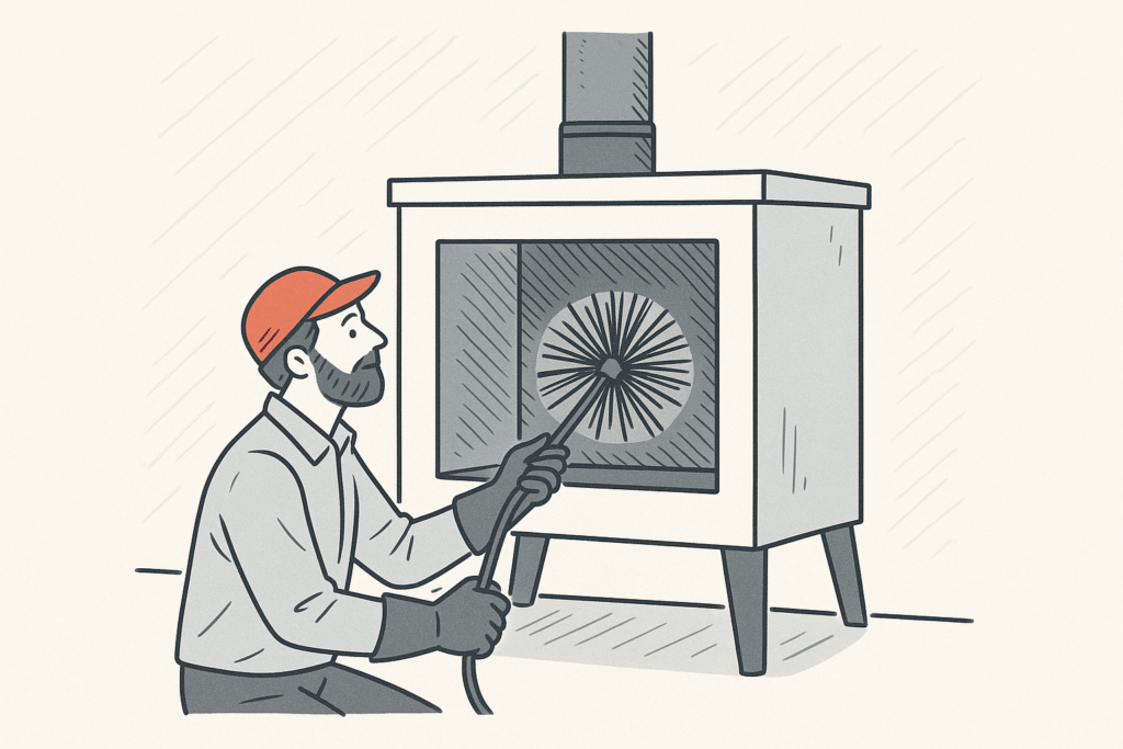 Illustration d’un ramoneur à genoux utilisant un outil rotatif pour débistrer un conduit par le bas