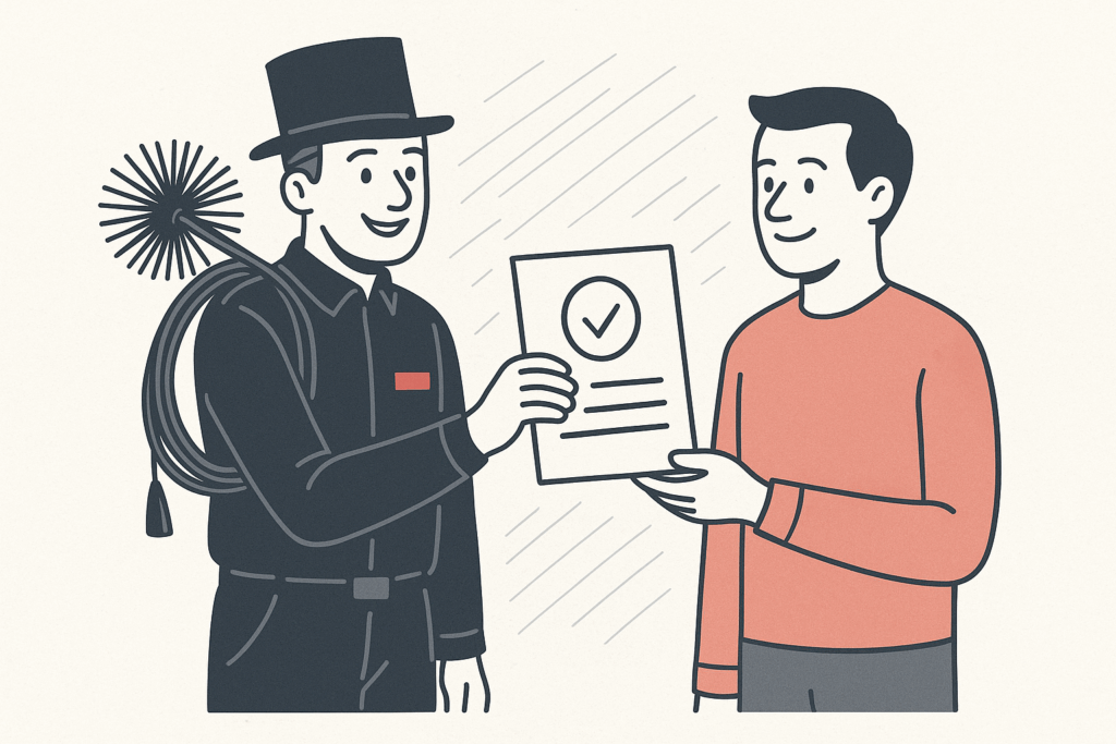 Illustration d’un ramoneur debout remettant une attestation de ramonage à un client satisfait