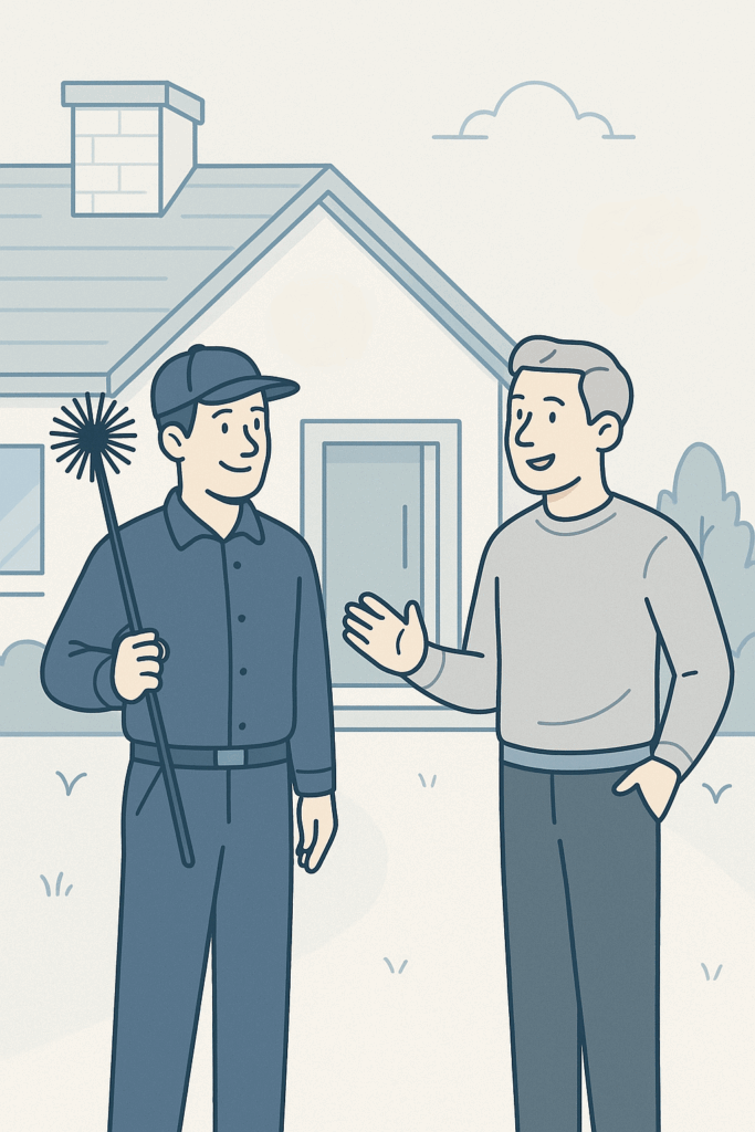 Illustration d’un ramoneur en uniforme bleu discutant avec un client devant une maison, dans un style sobre et moderne