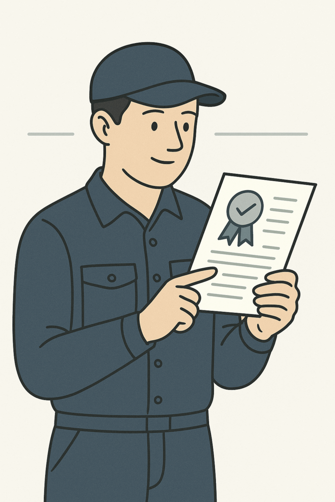 Illustration d’un ramoneur consultant un manuel ou une attestation de formation, en tenue professionnelle