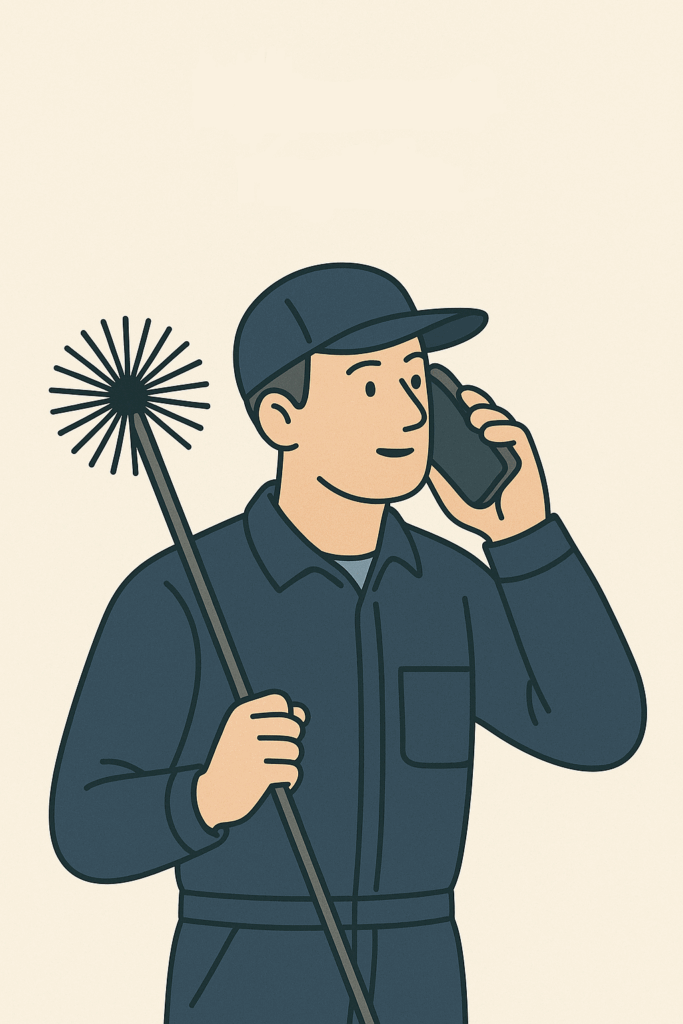 Illustration d’un ramoneur en uniforme bleu répondant au téléphone avec son hérisson en main